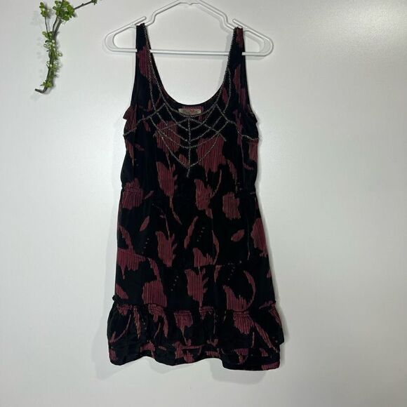 Anthropologie Ecote Black Burgundy Beaded Mini Dress With Pockets - Picture 1 of 12